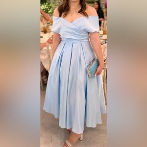 Off Shoulder Sky Blue Satin Tea Length A-Line Dress